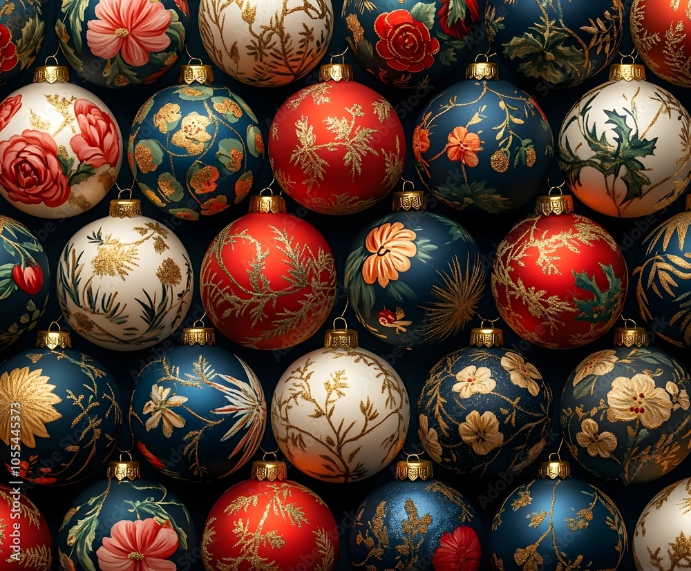 Stylish pattern of Christmas motifs, such as Christmas tree balls and gifts, in warm colors