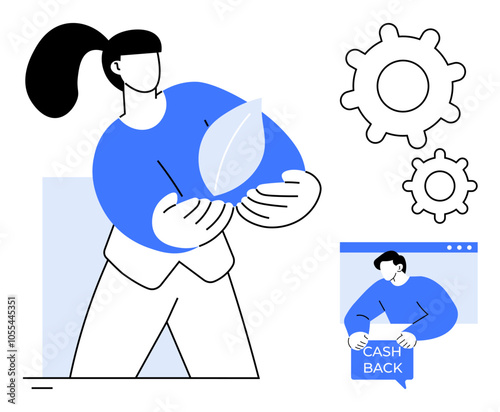 Woman holds a leaf, symbolizing eco-friendliness gears and a cashback icon represent technical and financial themes. Ideal for eco-friendly, technology, finance, cashback, and sustainability. Modern