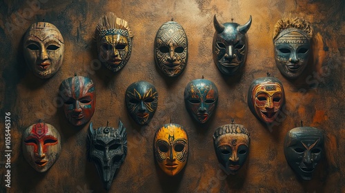 A variety of traditional masks displayed on a rustic wall, featuring different cultures and styles,