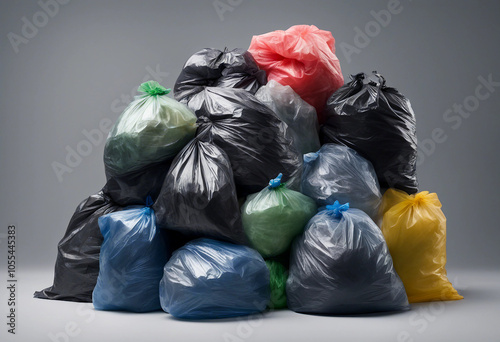 Set of various household plastic garbage bags piles isolated on transparent background