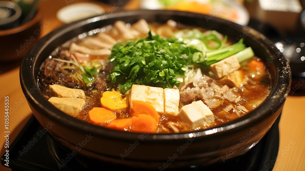 A bowl of nabemono, a Japanese hot pot filled with vegetables, tofu, and thinly sliced meat, simmered in a flavorful broth.
A bowl of nabemono, a Japanese hot pot filled with vegetables, tofu, and thinly sliced meat, simmered in a flavorful broth.