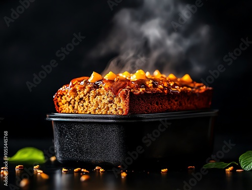 Golden banana bread slice in rice cooker, rustic homebaked dessert, moist and fluffy texture, closeup, cozy home kitchen ambiance photo