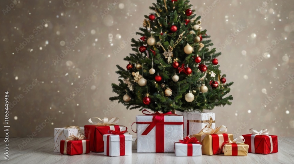 Christmas tree with ornaments, gift boxes and dark wooden wall as copy-space in the background Christmas tree with ornaments, gift boxes and dark wooden wall as copy-space in the background