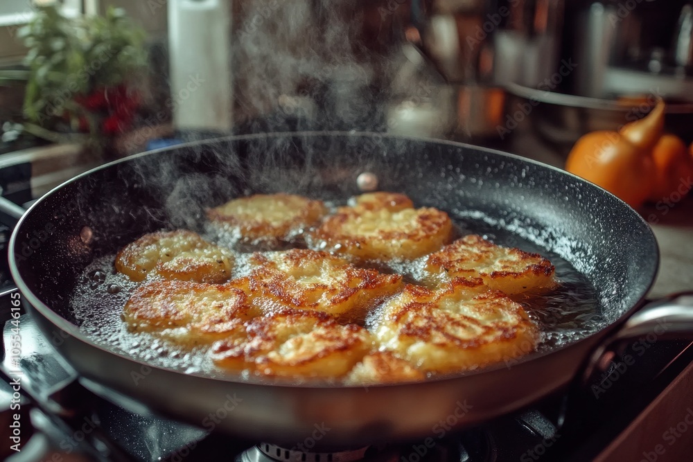 Hanukkah Latkes Cooking: A close-up shot of latkes frying in a pan, with the sizzling oil and golden-brown color of the potato pancakes highlighted. The background includes traditional kitchen items, Hanukkah Latkes Cooking: A close-up shot of latkes frying in a pan, with the sizzling oil and golden-brown color of the potato pancakes highlighted. The background includes traditional kitchen items,