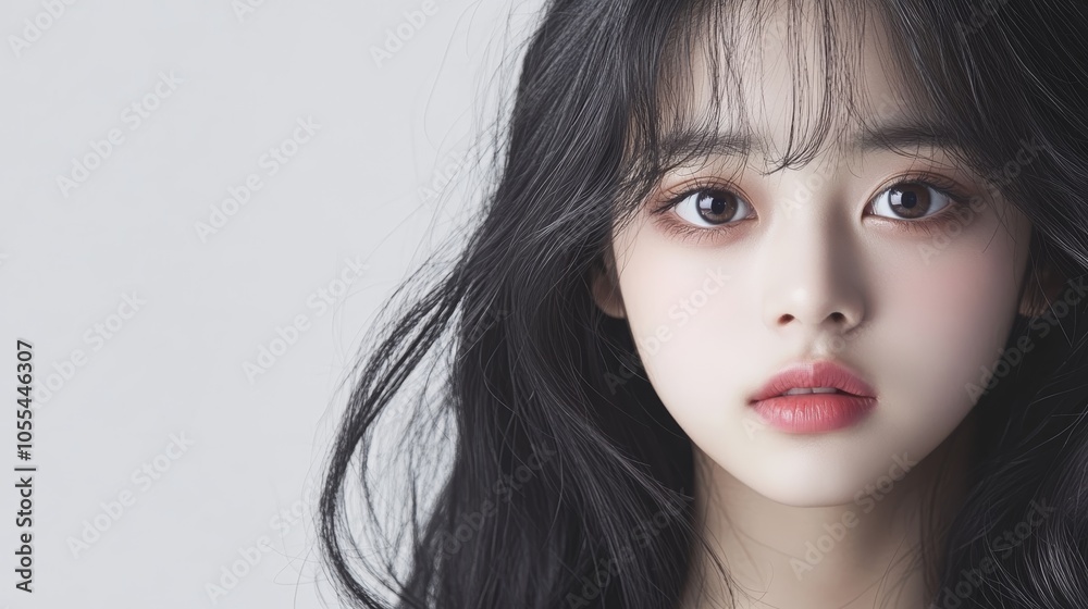 Closeup portrait of a doll with long, flowing black hair, captivating display of beauty and delicate features Closeup portrait of a doll with long, flowing black hair, captivating display of beauty and delicate features