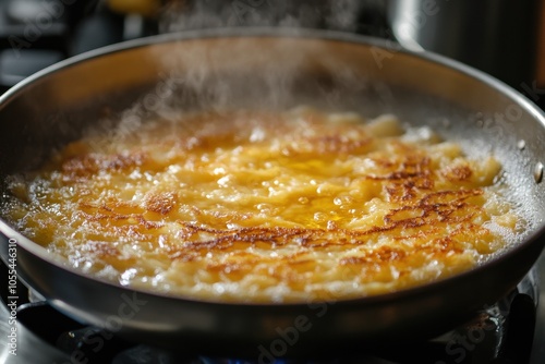 Hanukkah Latkes Cooking: A close-up shot of latkes frying in a pan, with the sizzling oil and golden-brown color of the potato pancakes highlighted. The background includes traditional kitchen items,  photo