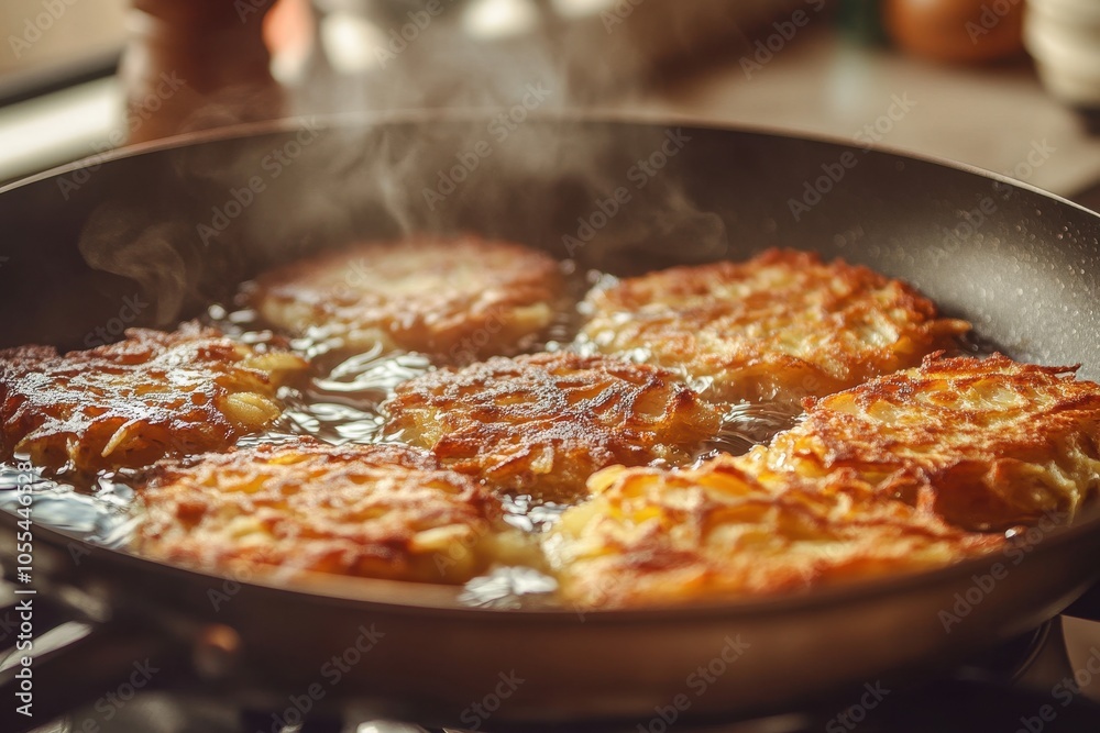 Hanukkah Latkes Cooking: A close-up shot of latkes frying in a pan, with the sizzling oil and golden-brown color of the potato pancakes highlighted. The background includes traditional kitchen items, Hanukkah Latkes Cooking: A close-up shot of latkes frying in a pan, with the sizzling oil and golden-brown color of the potato pancakes highlighted. The background includes traditional kitchen items,