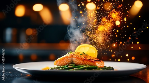 Grilled salmon filet with a lemon wedge, steamed asparagus, vibrant plating, Grilled salmon, healthy protein meal photo