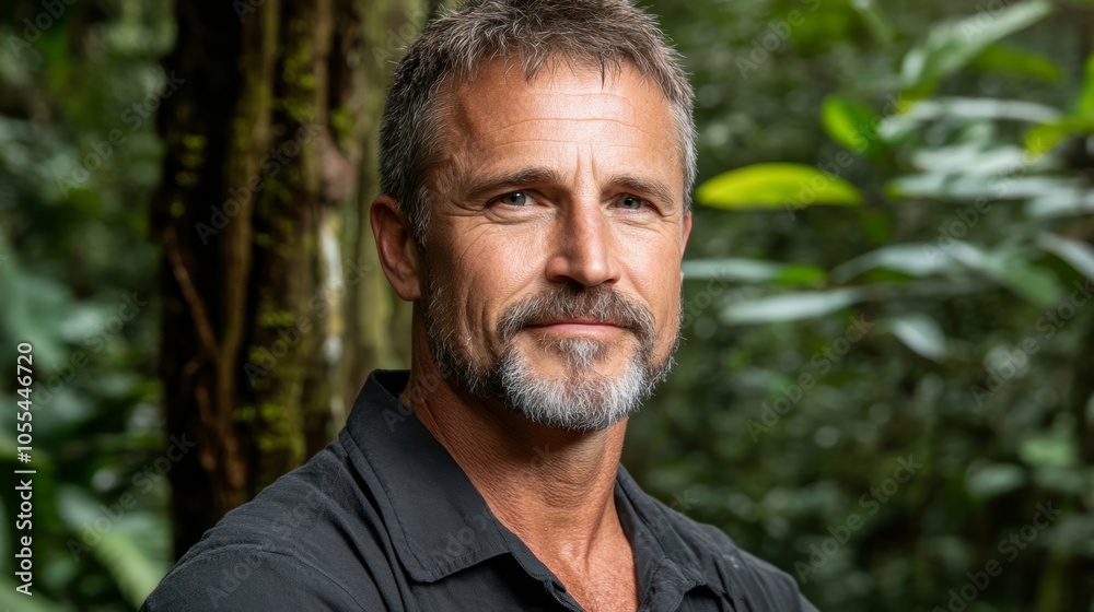Stylish bearded man in black shirt, a portrait against simple backdrop for classic and masculine look Stylish bearded man in black shirt, a portrait against simple backdrop for classic and masculine look