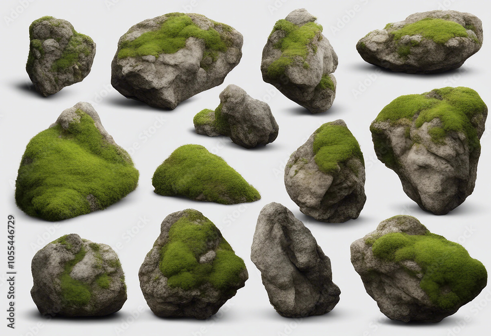 Set of various realistic natural rocks with green moss around isolated on transparent background Set of various realistic natural rocks with green moss around isolated on transparent background