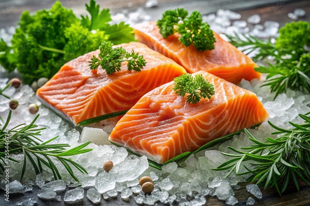 Fresh Salmon Steaks on Ice with Herbs - Premium Seafood Product Photography for Culinary Delights Fresh Salmon Steaks on Ice with Herbs - Premium Seafood Product Photography for Culinary Delights