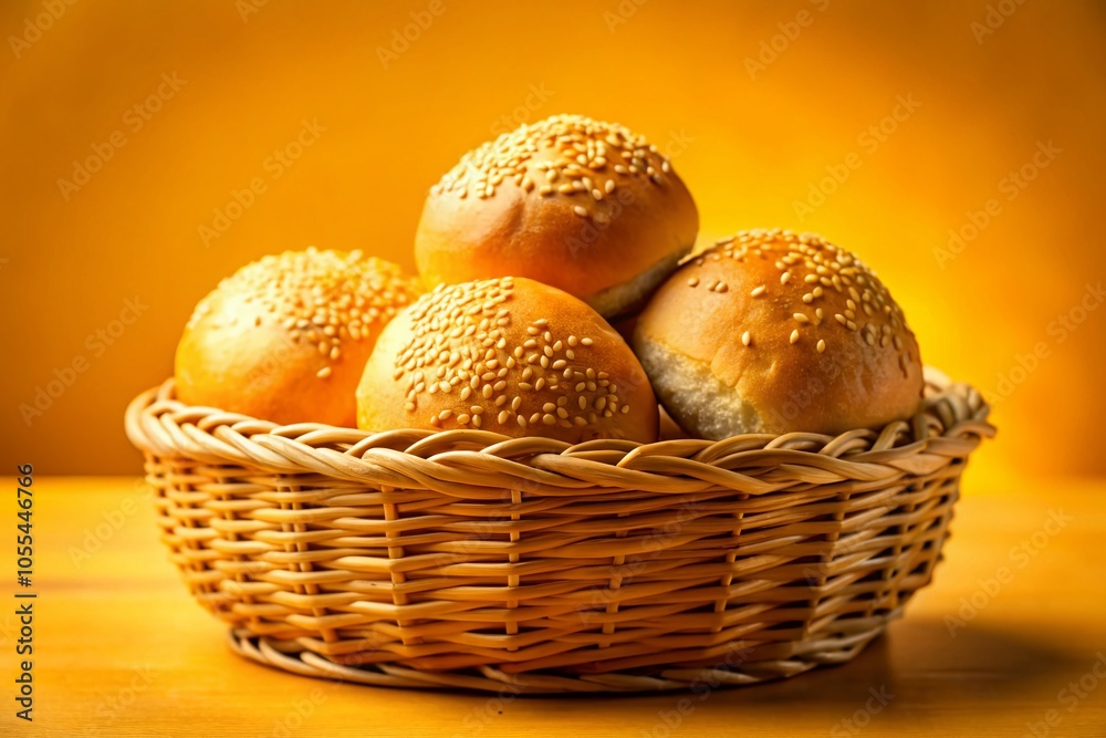 Fresh Sesame Buns in Wicker Basket on Yellow Background for Bakery Promotions and Food Marketing Fresh Sesame Buns in Wicker Basket on Yellow Background for Bakery Promotions and Food Marketing