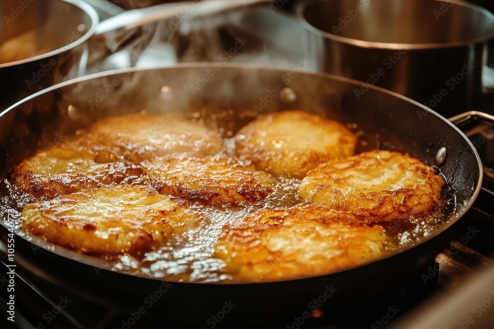 Hanukkah Latkes Cooking: A close-up shot of latkes frying in a pan, with the sizzling oil and golden-brown color of the potato pancakes highlighted. The background includes traditional kitchen items, Hanukkah Latkes Cooking: A close-up shot of latkes frying in a pan, with the sizzling oil and golden-brown color of the potato pancakes highlighted. The background includes traditional kitchen items,