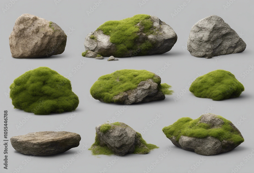 Set of various realistic natural rocks with green moss around isolated on transparent background Set of various realistic natural rocks with green moss around isolated on transparent background