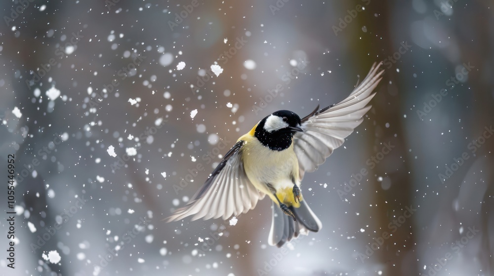 Obraz premium A small bird in flight during a snowstorm