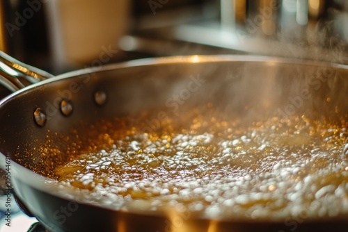 Hanukkah Latkes Cooking: A close-up shot of latkes frying in a pan, with the sizzling oil and golden-brown color of the potato pancakes highlighted. The background includes traditional kitchen items, 