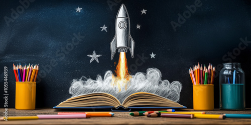 Kreidezeichnung einer startende Rakete symbolisiert einen erfolgreichen Schulstart