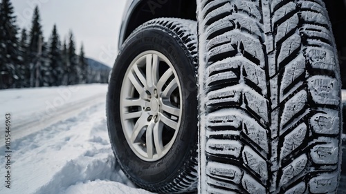 Winter tire on an SUV in close-up on a snowy road, ideal for family travel to a ski resort.