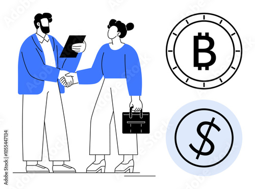 Wallpaper Mural Professional handshake between businessman and businesswoman with documents and briefcase, Bitcoin and Dollar icons. Ideal for business partnerships, cryptocurrency, blockchain, fintech, investments Torontodigital.ca
