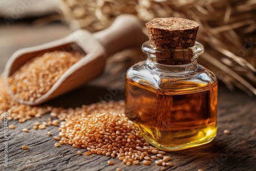 A bottle of sesame oil with seeds. Perfect for use in cooking or beauty care.