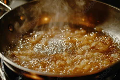 Hanukkah Latkes Cooking: A close-up shot of latkes frying in a pan, with the sizzling oil and golden-brown color of the potato pancakes highlighted. The background includes traditional kitchen items,  photo