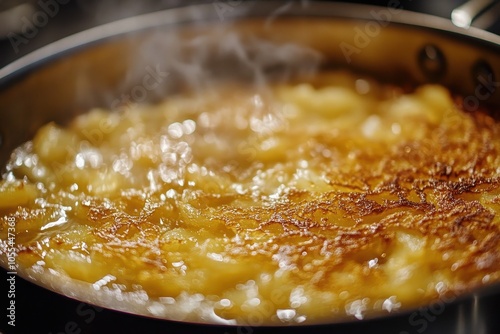 Hanukkah Latkes Cooking: A close-up shot of latkes frying in a pan, with the sizzling oil and golden-brown color of the potato pancakes highlighted. The background includes traditional kitchen items,  photo