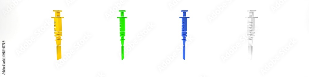 Colorful Syringe icon isolated on white background. Syringe for vaccine, vaccination, injection, flu shot. Medical equipment. Minimalism concept. 3D render illustration Colorful Syringe icon isolated on white background. Syringe for vaccine, vaccination, injection, flu shot. Medical equipment. Minimalism concept. 3D render illustration