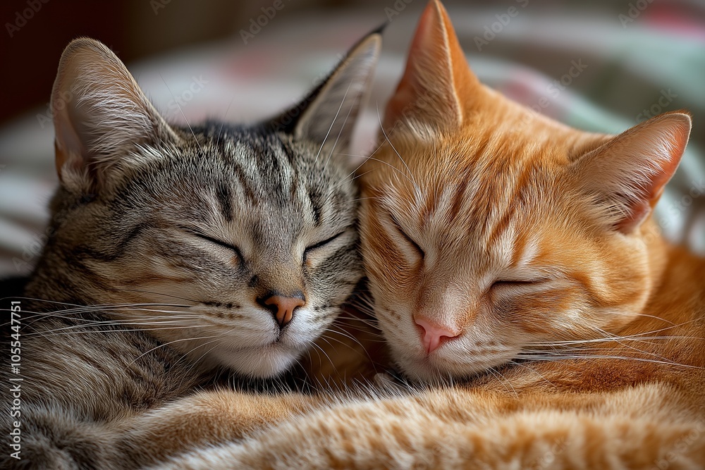 A tabby and a ginger cat cozy up together as they sleep, emanating warmth and comfort. A tabby and a ginger cat cozy up together as they sleep, emanating warmth and comfort.