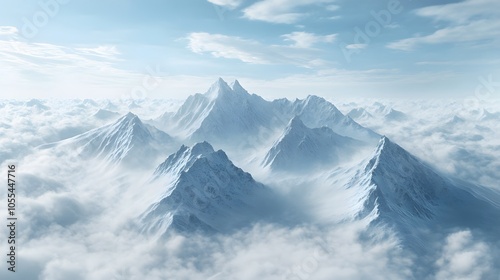 A dramatic view of a mountain range with sharp peaks rising above the clouds