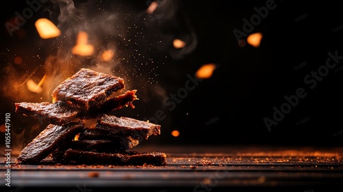 Highprotein beef jerky bites, dark wooden background, Beef jerky, protein snack