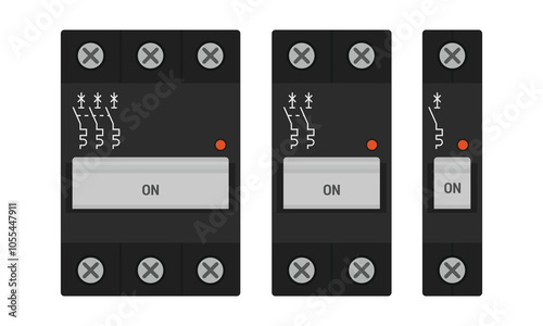 Black circuit breaker for DIN rail mounting. Set of single, two and three pole miniature circuit breakers