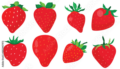 Set of strawberry flat vector icon illustrations. Red and Juicy summer strawberry with leaves.