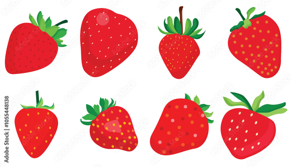 Set of strawberry flat vector icon illustrations. Red and Juicy summer strawberry with leaves. Set of strawberry flat vector icon illustrations. Red and Juicy summer strawberry with leaves.