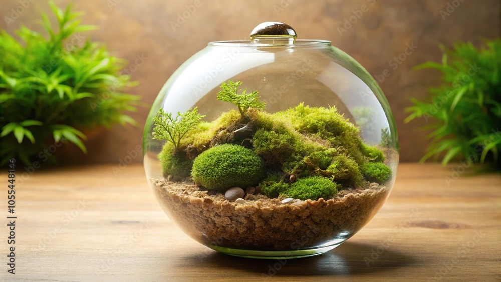 Beige colored terrarium with a layer of green slimy moss on the ground, green slime, nature, beige terrarium, soil, moss