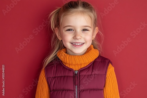 Autumn fashion girl wearing vest and sweater. Trendy and stylish teenager girl smiling. Fall fashion style for teen girl. Fall fashion trend. Cozy sweater.