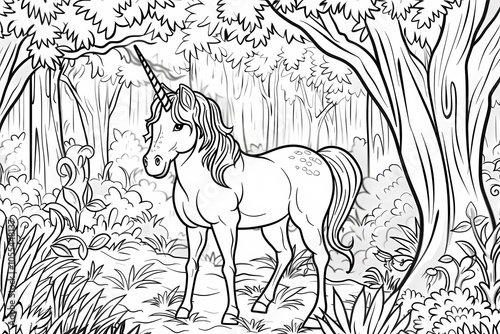 A magical unicorn stands gracefully in a dense forest, surrounded by lush greenery, inviting color and imagination in a whimsical scene.