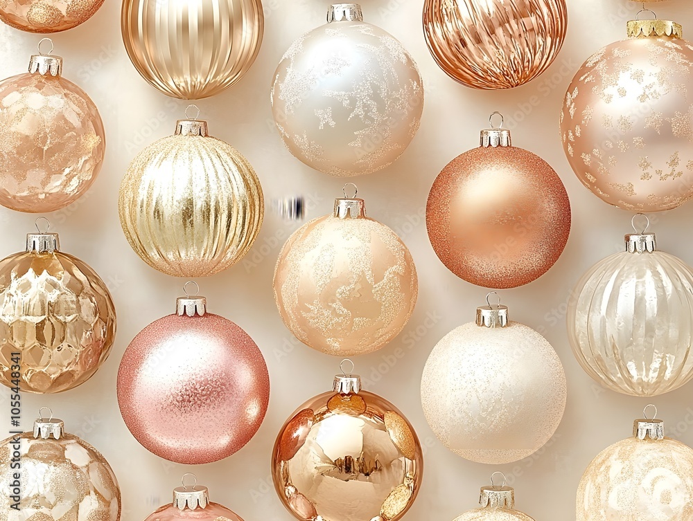Stylish pattern of Christmas motifs, such as Christmas tree balls and gifts, in warm colors