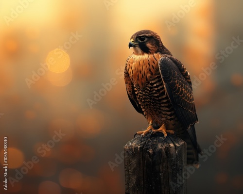 A majestic hawk perches on a weathered post, bathed in warm golden light, creating a striking silhouette against a blurred background.