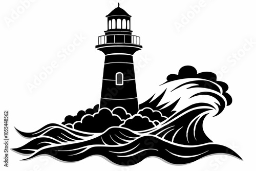 Lighthouse on Cliff Silhouette Vector