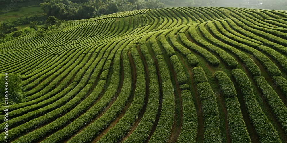 Vibrant green terraces curve gracefully across a hilly landscape under a bright, clear sky in this breathtaking panorama. Vibrant green terraces curve gracefully across a hilly landscape under a bright, clear sky in this breathtaking panorama.