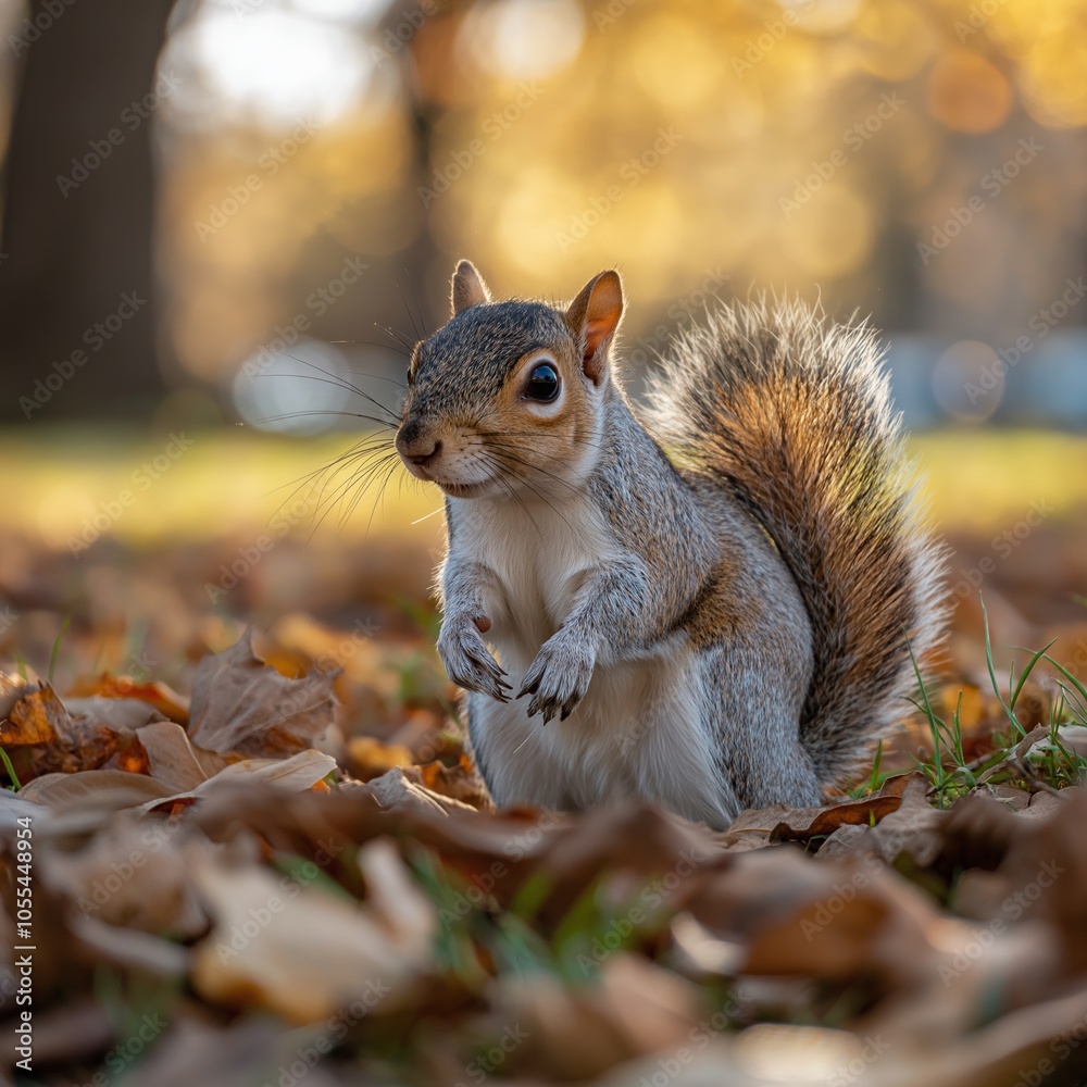A lively squirrel stands on grass among the fallen autumn leaves, capturing a serene wildlife moment.