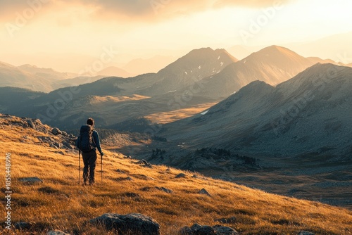 A lone hiker walks towards the sunset over a vast mountain range. The image depicts the beauty and solitude of nature, making it ideal for travel, adventure, and exploration themes.