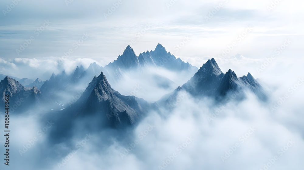 Fototapeta premium A dramatic view of a mountain range with sharp peaks rising above the clouds