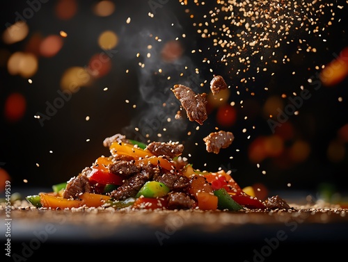 Lean beef stirfry with bell peppers, carrots, and sesame seeds, Beef stirfry, Asianinspired protein meal photo