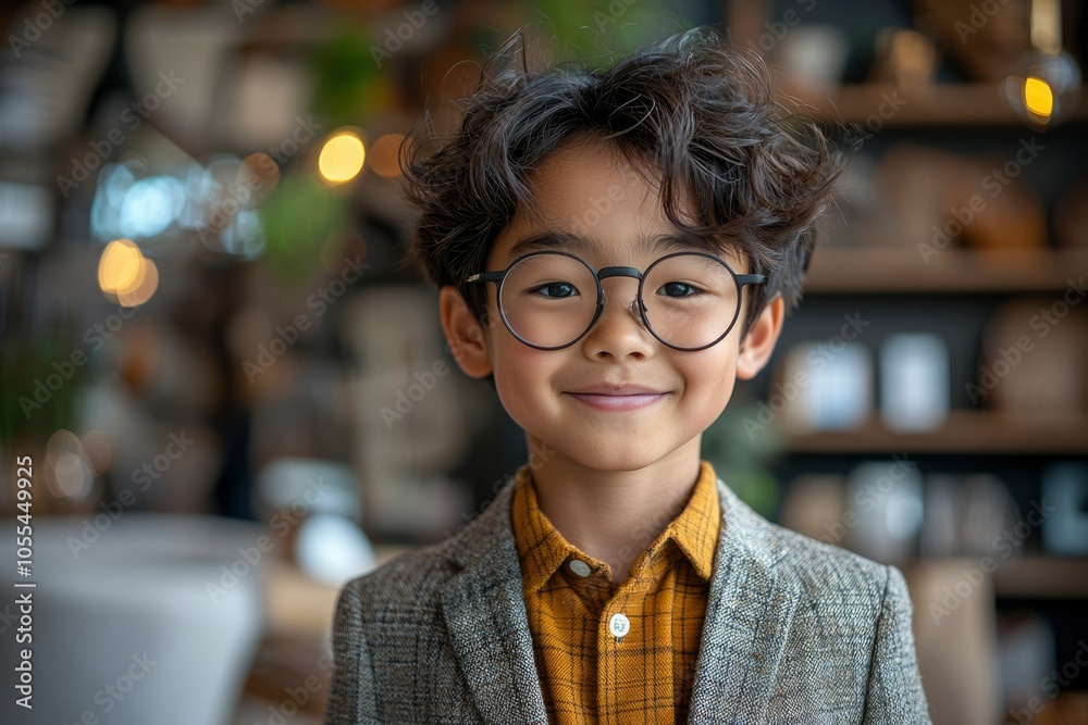 Portrait of a smiling young boy wearing glasses and a suit jacket Portrait of a smiling young boy wearing glasses and a suit jacket