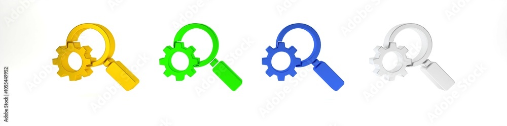 Colorful Magnifying glass and gear icon isolated on white background. Search gear tool. Business analysis symbol. Minimalism concept. 3D render illustration Colorful Magnifying glass and gear icon isolated on white background. Search gear tool. Business analysis symbol. Minimalism concept. 3D render illustration