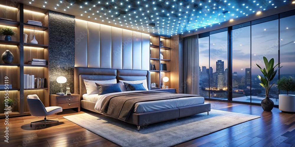 Fototapeta premium Futuristic Bedroom with Interactive Headboard and Sleek Storage Units in Contemporary Style - Bokeh Effect