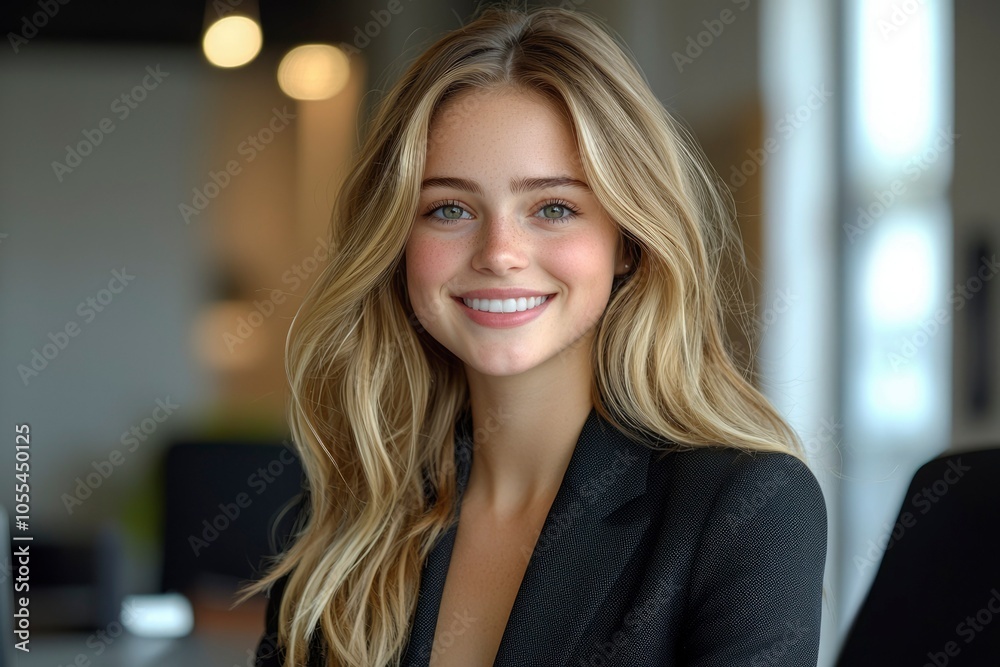 Portrait of a Smiling Blonde Woman with Freckles in a Black Blazer Portrait of a Smiling Blonde Woman with Freckles in a Black Blazer