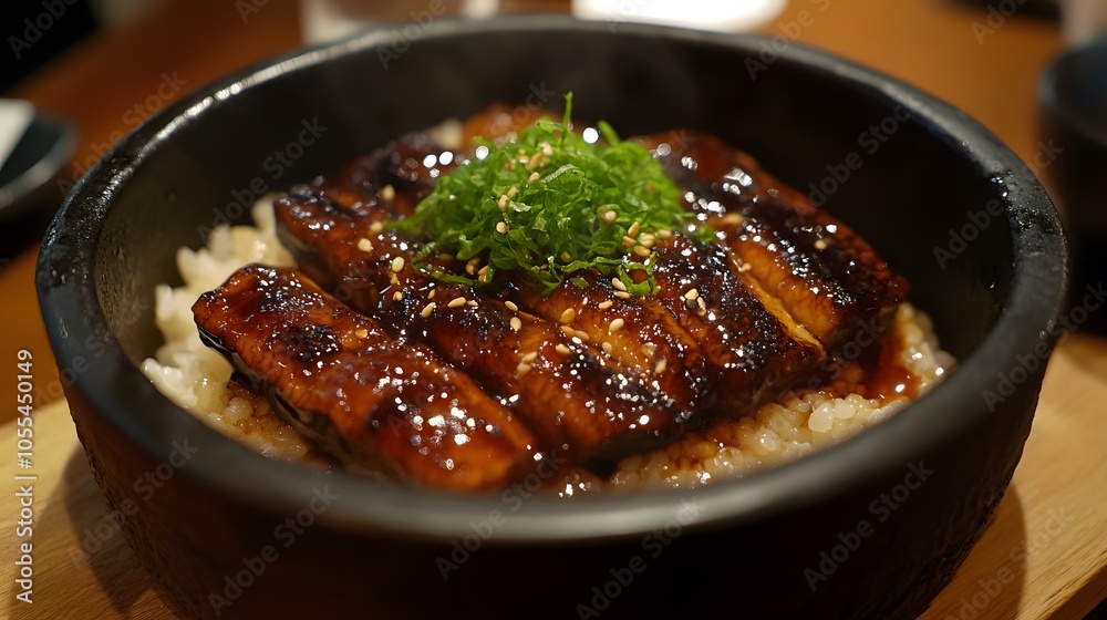 A dish of unagi don, grilled eel glazed with a sweet soy sauce, served over steamed rice.
A dish of unagi don, grilled eel glazed with a sweet soy sauce, served over steamed rice.