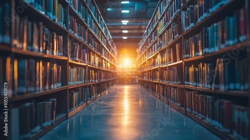 Aisle of library with books illuminated by sunset